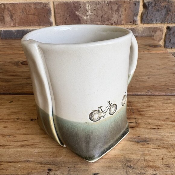 Handmade Pottery Coffee Mug Colleen Deiss  Bicycles Cream Green Glazed Ceramic - Picture 2 of 12